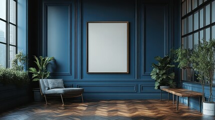4K mockup of a blank poster hanging on a deep navy blue wall with sleek wooden flooring.