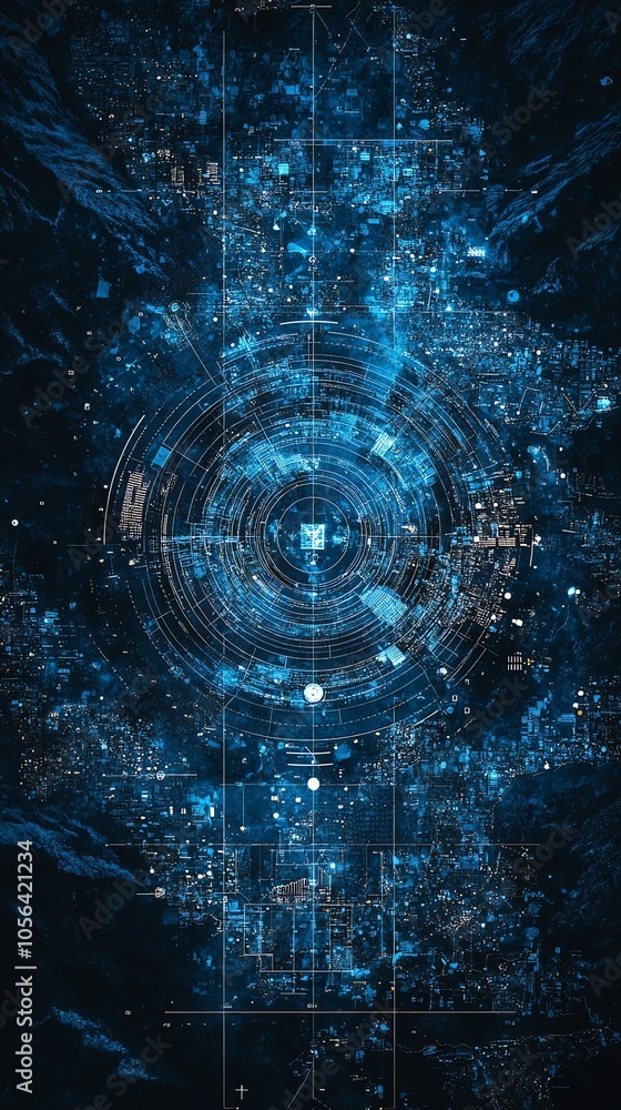 Aufkleber abstract digital art with a blue and white circular design on a dark background.