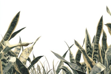 A close-up view of various green and patterned leaves against a plain white background.