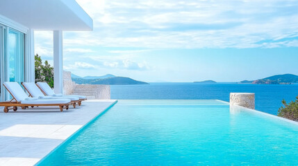 Fototapeta premium Terrace in villa with swimming pool clear blue water with stunning sea view and sky