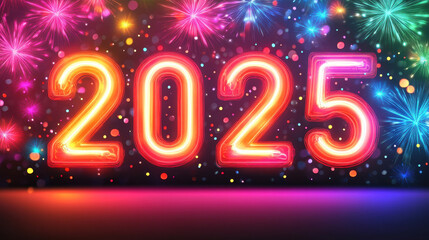 Bright and colorful fireworks illuminate night sky as year 2025 is boldly displayed in vibrant neon lights, creating festive and celebratory atmosphere