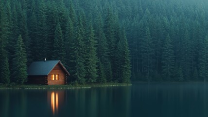 Fototapeta premium A tranquil cabin by a serene lake, surrounded by dense evergreen forests, reflecting peaceful ambiance and natural beauty.