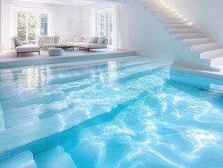 A tranquil indoor pool surrounded by modern decor, featuring serene water reflections and bright natural light.