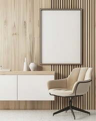 A beige armchair sits in front of a blank frame on a wooden wall with a white cabinet and a small vase on the counter below