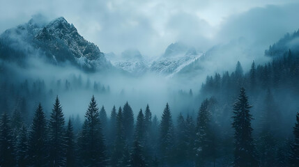 Fototapeta premium Misty Mountain Forest Landscape - Winter Scene