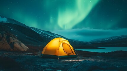 A glowing yellow camping tent under a beautiful green northern lights aurora. Travel adventure landscape background. Photo composite. 