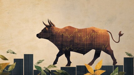 Obraz premium Artistic representation of a bull and stock growth chart, symbolizing economic optimism.