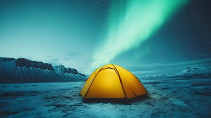 A glowing yellow camping tent under a beautiful green northern lights aurora. Travel adventure landscape background. Photo composite. 