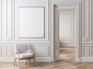 A white armchair sits in a minimalist white room with a blank frame on the wall. and a door leading to another white room with a herringbone patterned wooden floor