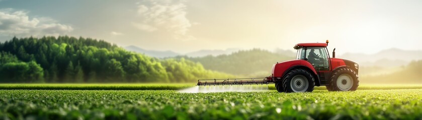 Fototapeta premium A vibrant landscape featuring a red tractor spraying crops in the sunlight, highlighting the essence of modern agriculture.