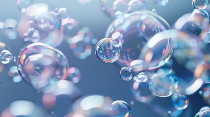 Abstract soap bubbles in motion on grey backdrop.