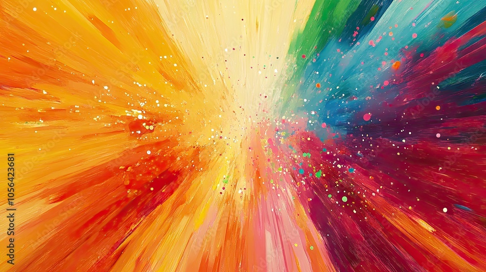 Poster bright rainbow ink splatter with fluid motion and 3d effect, forming an abstract, dynamic explosion 