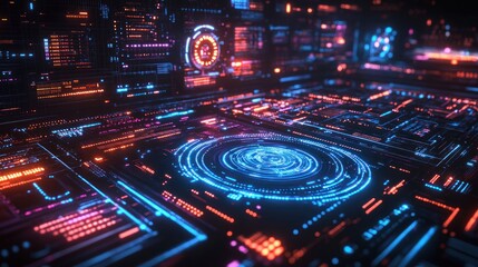 Abstract futuristic digital interface with glowing neon lights, lines and circles, futuristic technology concept.