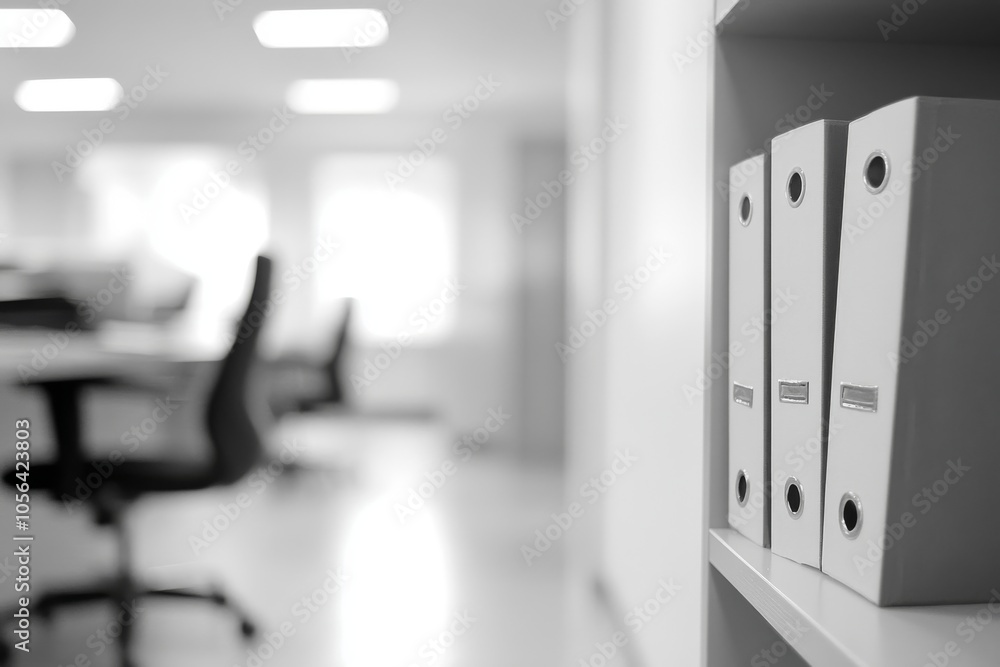 Poster a white office with three filing cabinets on a shelf. the room is empty and the cabinets are the onl