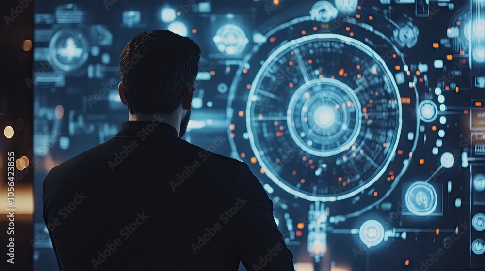 Poster businessman working on ai-driven data on a digital screen, visualizing big data, analytics, and inno