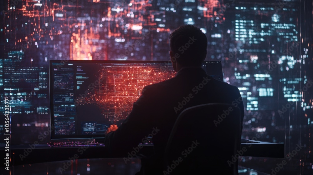 Poster businessman working on ai-driven data on a digital screen, visualizing big data, analytics, and inno
