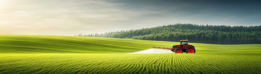 Fototapeta premium A vibrant tractor sprays crops in a lush green field under a vast sky, showcasing agriculture in action.