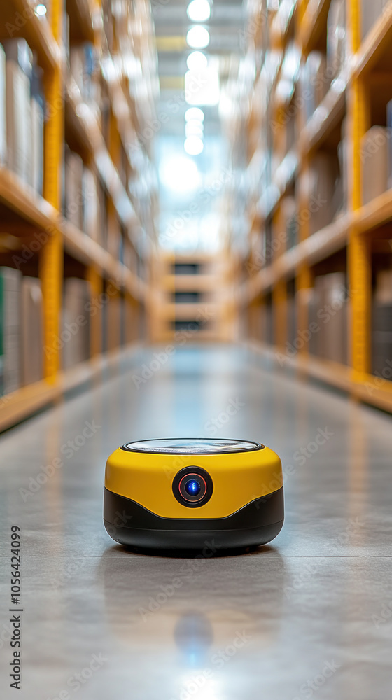 Poster a yellow robot is standing in a large empty warehouse. the robot is equipped with a camera and is li
