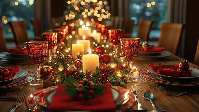 Festive table set for Christmas dinner with an elegant centerpiece, candles, and holiday-themed plates and napkins. . Video