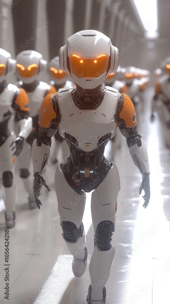 Poster a group of robots walk down a hallway. the robots are all white and orange. the robots are walking i