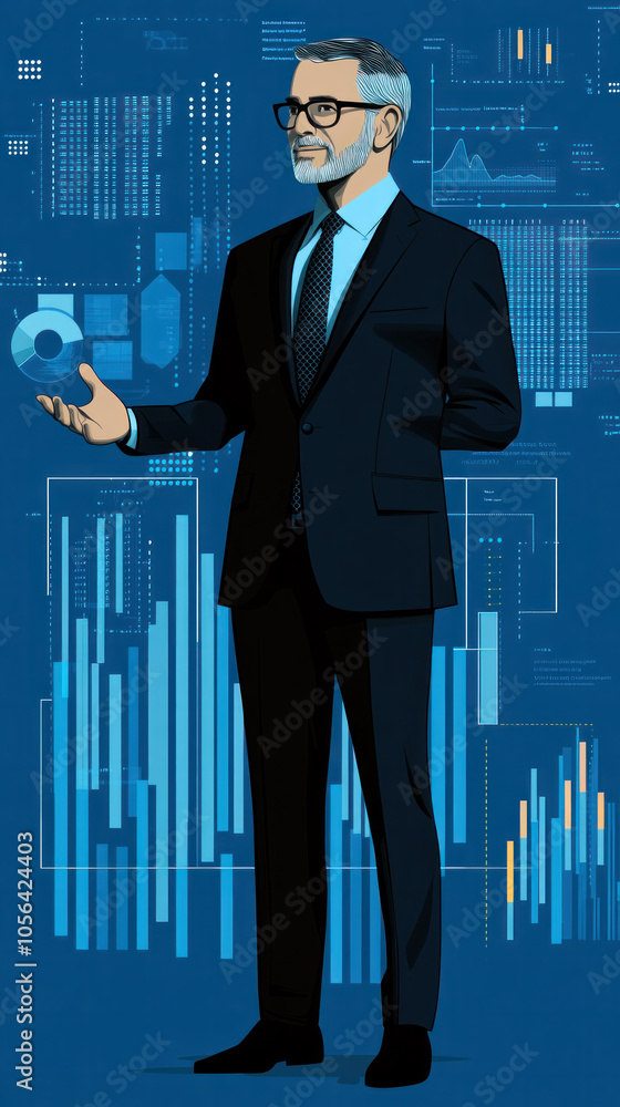 Poster a man in a suit is standing in front of a computer screen with a large blue circle on it. concept of