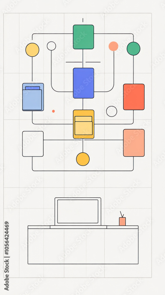 Poster a diagram of a computer network with many different devices and a laptop. the laptop is on a desk