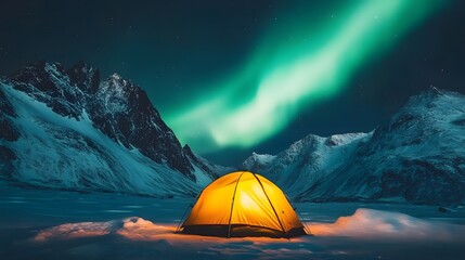 A glowing yellow camping tent under a beautiful green northern lights aurora. Travel adventure landscape background. Photo composite. 