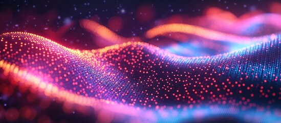 Abstract digital background with glowing particles in pink, orange, and blue colors.