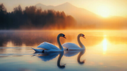 Fototapeta premium beautiful white swan in heart shape on lake in flare light