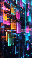 Obraz premium A colorful image of squares and rectangles with neon colors. The image is abstract and has a futuristic feel to it