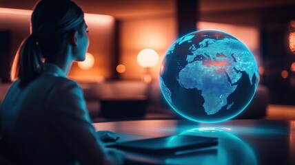 Fototapeta premium A woman gazes at a holographic globe, representing global connectivity and modern technology in a warm, illuminated environment.