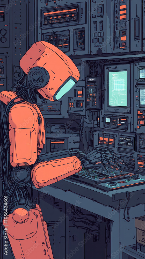 Poster a robot is sitting at a computer desk. the robot is orange and has a face. the computer monitor is o