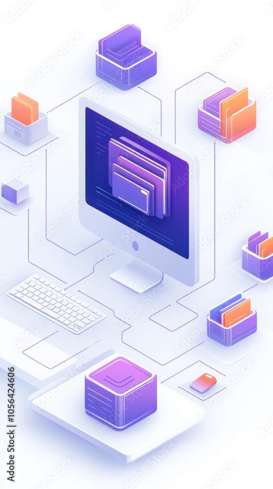 Poster a computer monitor with a purple screen showing a network of files. the computer is surrounded by ma