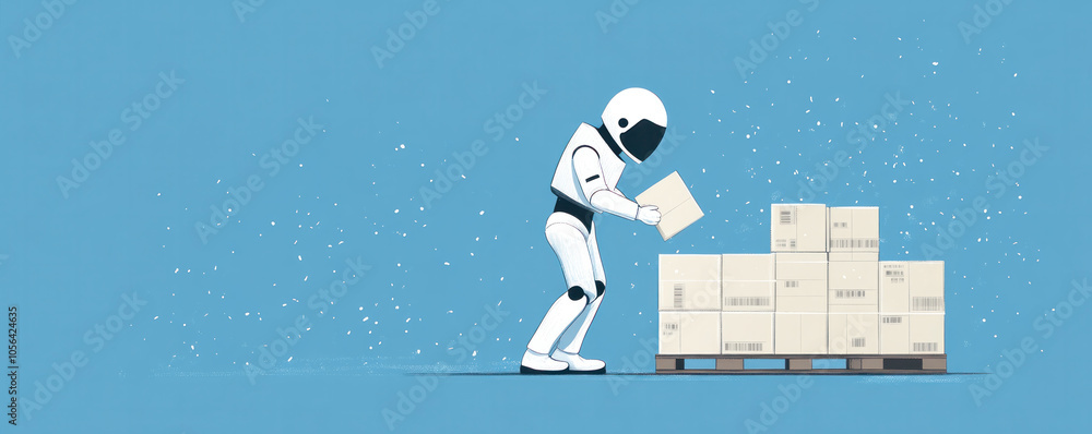Poster a robot is lifting a box off a pallet. the robot is white and has a helmet