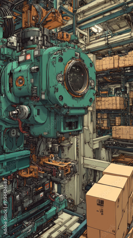 Poster a machine with a green casing and a large black eye. boxes are stacked in the background