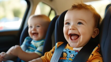 The image shows two lovable twin toddlers energetically laughing in their car seats, providing a heartwarming snapshot of humor and joy during a family outing.