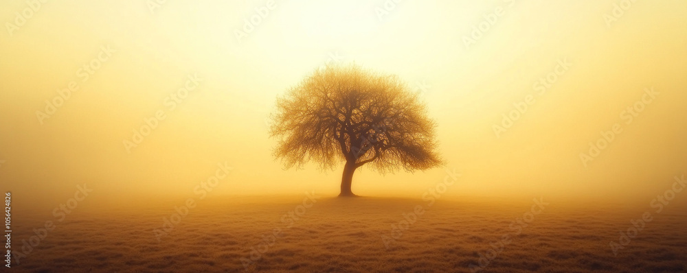 Poster a tree stands alone in a field of yellow grass. the sky is hazy and the sun is low in the sky. the s