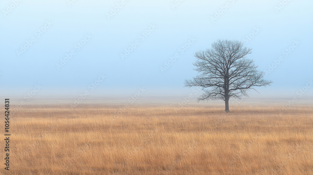Poster a tree stands alone in a field of tall grass. the sky is overcast and the air is cool and damp. the 