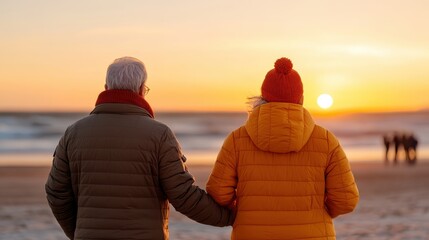 An older couple warmly embraces as they gaze out at the serene beachfront during a colorful sunset, embodying love, companionship, and peaceful reflection.