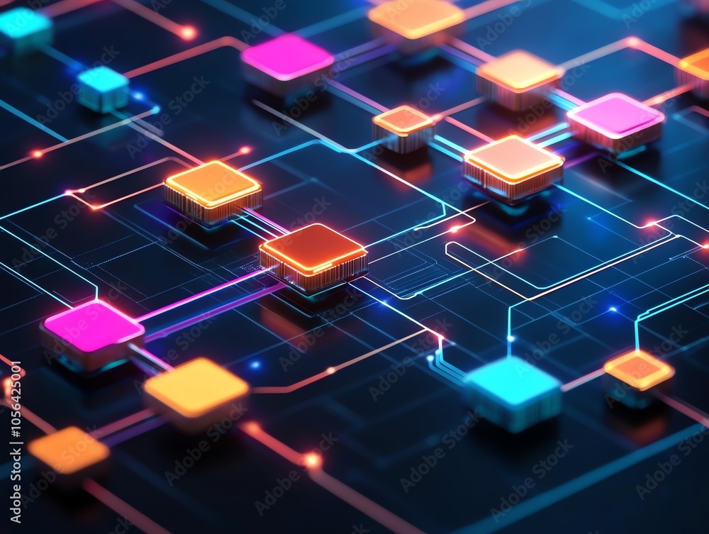 Aufkleber Abstract futuristic technology background with glowing neon lines and connected cubes in a digital network.