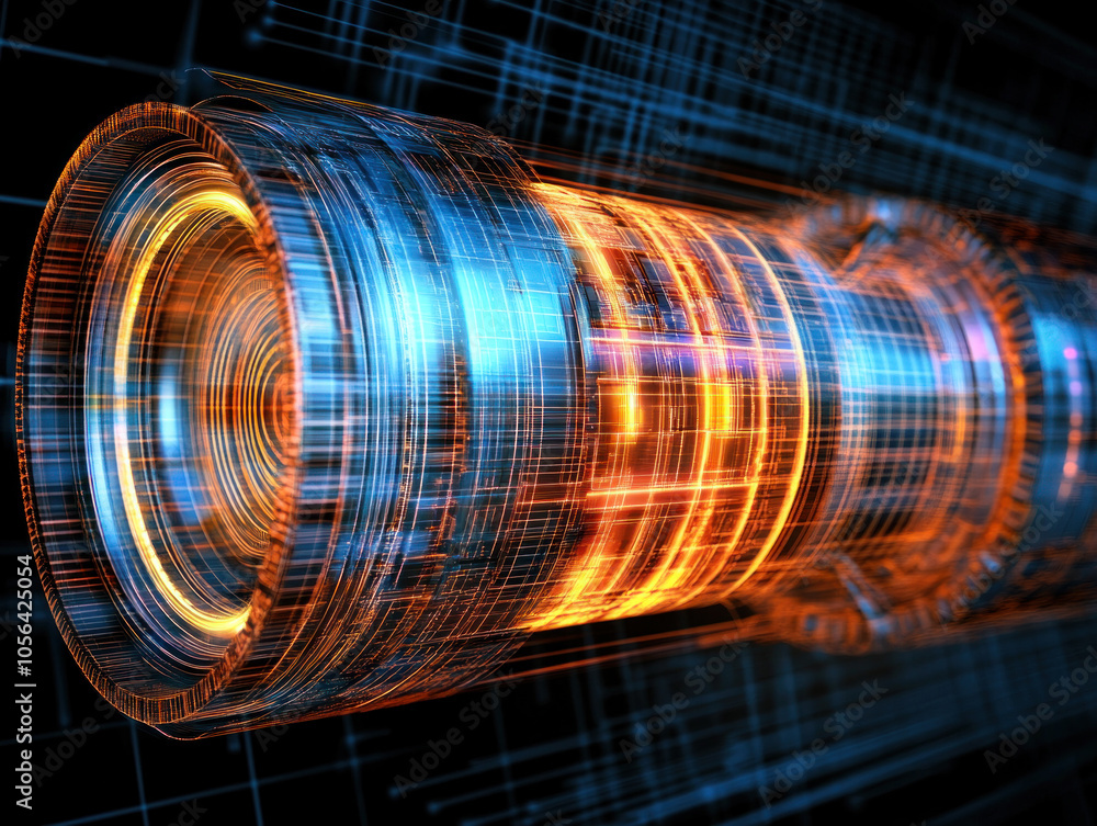 Poster a futuristic looking object with a blue and orange design. the object is a long tube with a yellow c