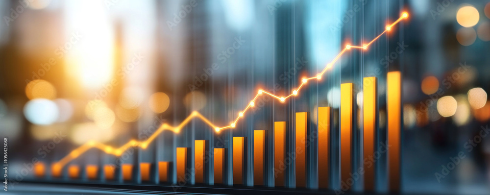 Poster a graph with orange bars showing a rise in numbers. the graph is set against a city skyline with lig