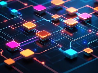 Obraz premium Abstract futuristic technology background with glowing neon lines and connected cubes in a digital network.