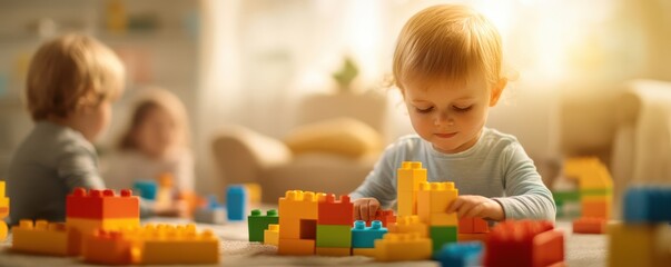A young child plays with colorful building blocks, fostering creativity and development in a bright, inviting room.