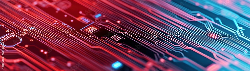 Poster abstract digital technology background with vibrant red and blue lines and circuit patterns, represe