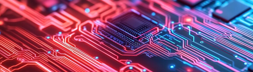 Abstract close-up of a vibrant circuit board with glowing lines and patterns, representing technology and innovation.