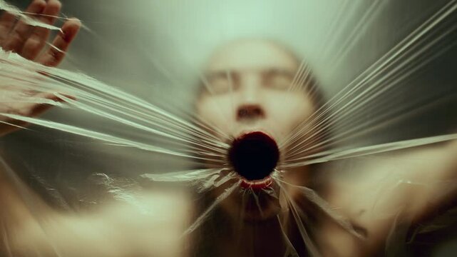 Insane man pressing his face and hands against taut plastic, breathing it in with mouth wide open, creating eerie and dramatic atmosphere. Studio shot