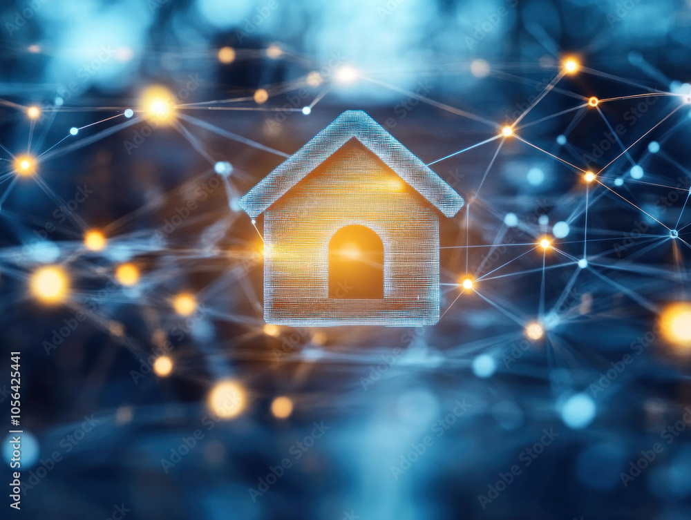 Poster a house is shown in a computer generated image with a lot of lights surrounding it. the house is sma