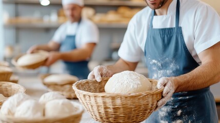 A baker wearing a navy apron methodically places a dough ball into a wicker basket amidst a kitchen filled with other bakers engaged in their work processes.