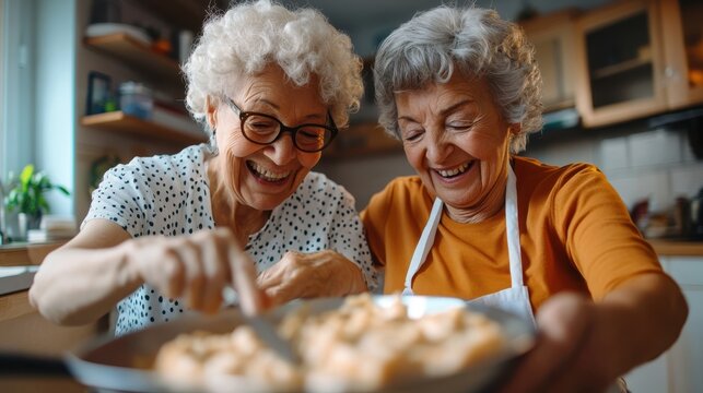 Two joyful elderly women, one with curly hair, enjoy baking together in a cozy kitchen, symbolizing friendship, joy, and the warmth of shared experiences.